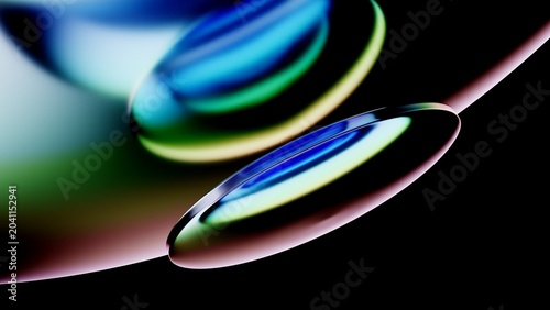 Iridescent glossy plates with chromatic dispersion against a black background