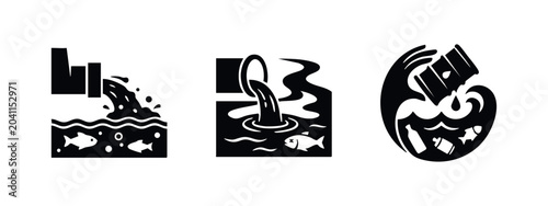 Tableau sur toile Water Pollution Icons: Effluent Discharge, Contaminated Water, and Sewage Pipe