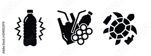 Φωτογραφία Ocean Plastic Pollution Icons: Plastic Bottle, Bags, Six Pack Rings, and Turtle