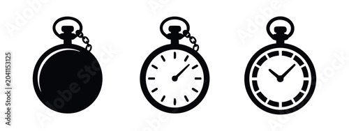 Foto Collection of three black silhouette pocket watch icons on a white background