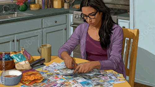 Woman meticulously organizing coupons and flyers at a kitchen table