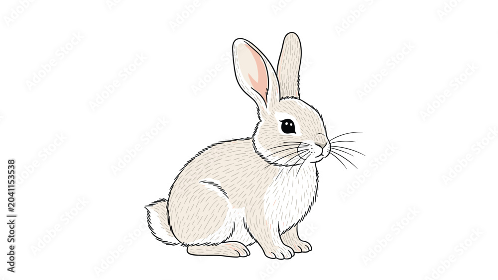 Fototapeta premium Beautifully rendered illustration of a fluffy light brown rabbit with pink ears and long whiskers sitting peacefully on a clean white background.