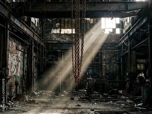 Abandoned industrial building interior with broken windows and rusty chains hanging
