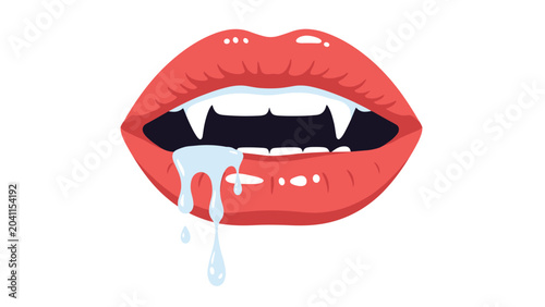 Close up illustration of bright red vampire lips with sharp white fangs and blue drool dripping down on a white background.