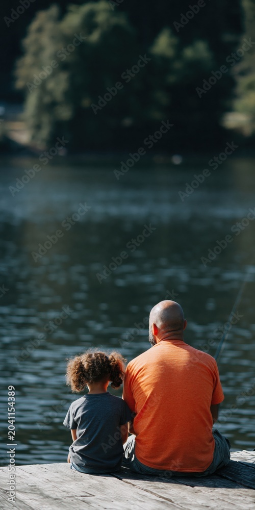 Obraz premium Man and child sitting together on wooden dock by lake