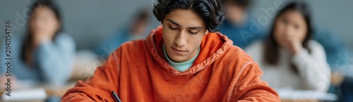Young male student concentrating on exam paper in classroom