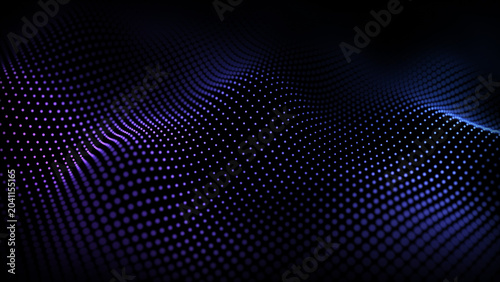 Glowing particle wave deep dark background. Purple violet luminous dots form flowing surface. Blue indigo digital mesh oscillates softly. Abstract cyber. Shimmering light. Futuristic UHD illustration.