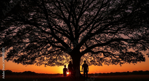 Silhouette of a family standing under a large tree during a breathtaking sunset, symbolizing unity and nature's beauty