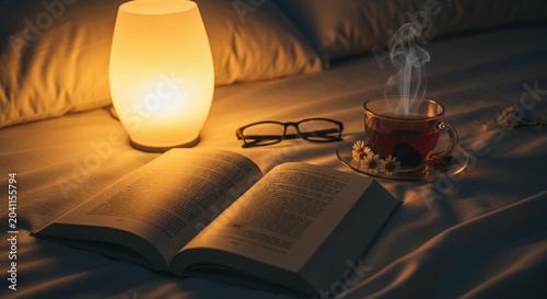 Cozy evening with a warm cup of tea and an open book under a soft lamp light, perfect for relaxation and quiet time