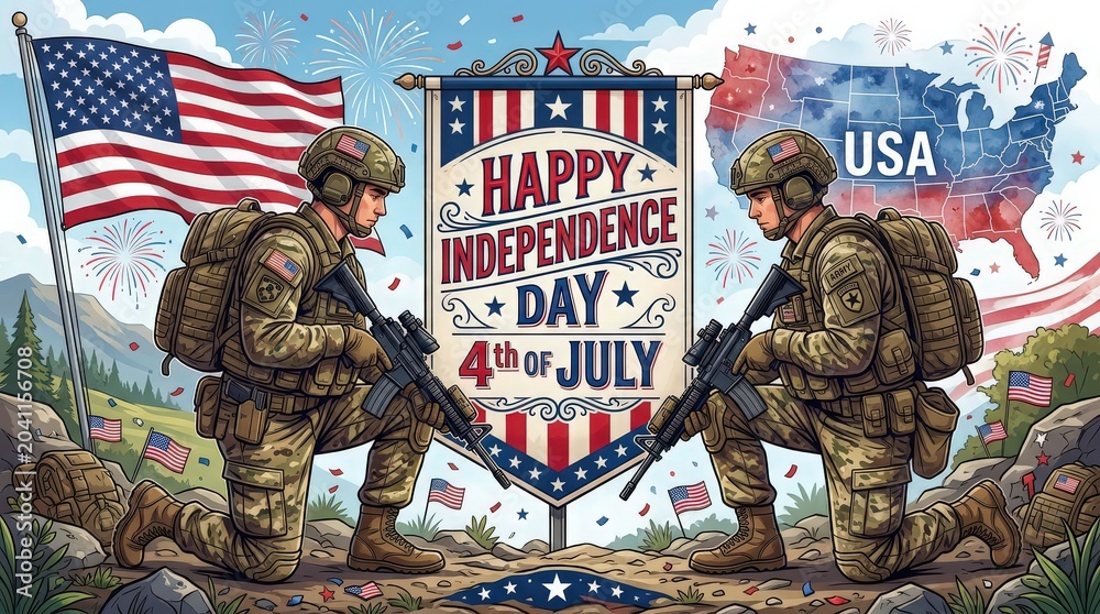 Fototapeta premium Patriotic 4th of july illustration with soldiers and american flag