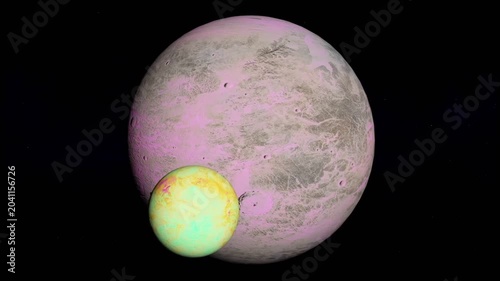 Alien pink planet with yellow moon slowly orbiting in space