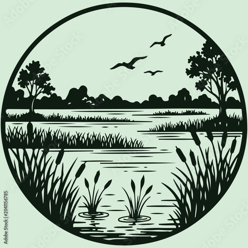 Fotografía Circular Frame Wetland Scene with Birds Nature Hand Drawn Vector Illustration Ar