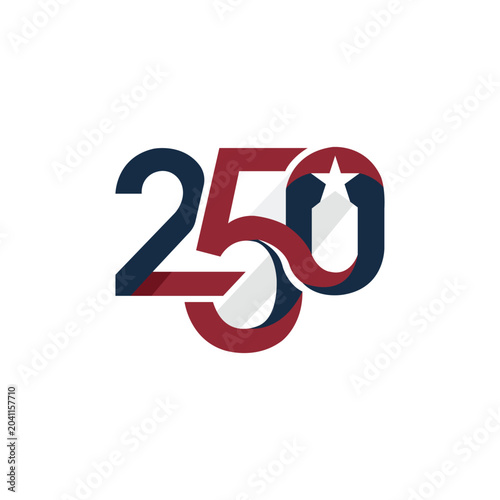 America 250 years anniversary celebration typography logo. Vector minimalist 250 number ribbon design with statue of liberty torch and star for USA independence day.