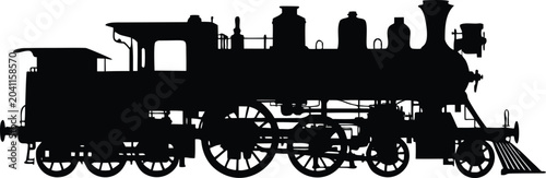 Foto Vintage steam locomotive, black silhouette, train icon, railway vehicle