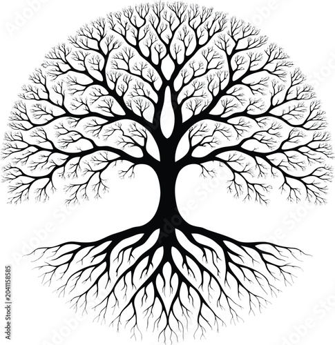 Tree silhouette, black tree, roots and branches, minimalist vector, nature icon