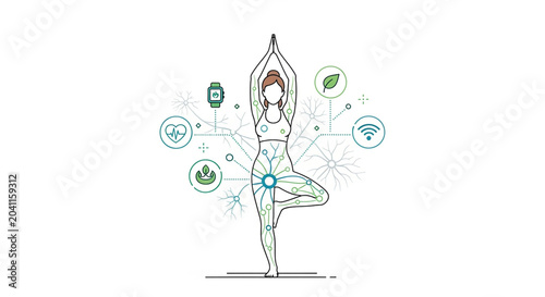 A woman in yoga pose surrounded by health and technology icons