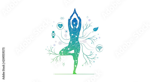 A vector illustration of a person in a yoga pose with branches and technology icons