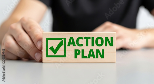 Action Plan Concept: A hand holds a wooden block with the text ACTION PLAN and a green checkmark, symbolizing progress and task completion.