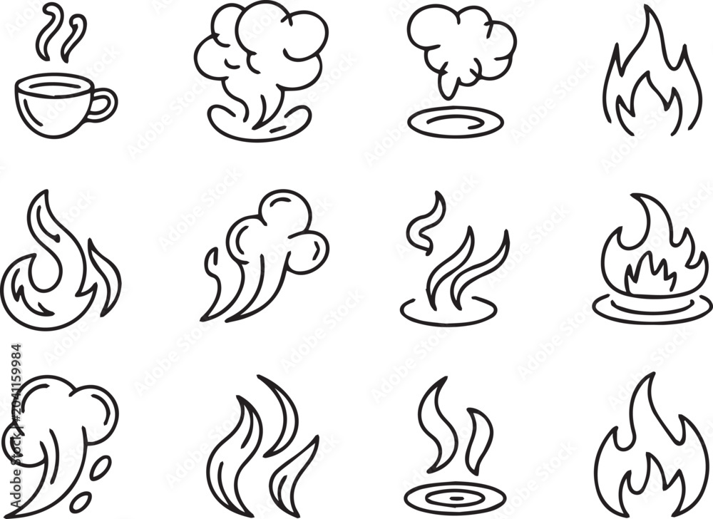 Fototapeta premium A set of 12 black line art icons depicting various fire and smoke symbols on a white background