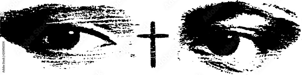 Fototapeta premium High contrast rough black ink eyes with central cross for distressed poster background and alternative tattoo design