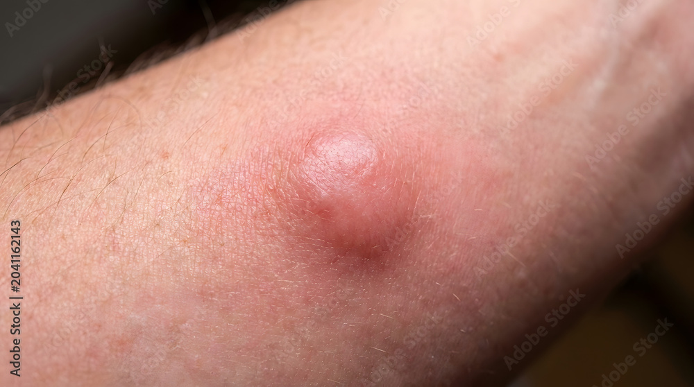 Fototapeta premium Close-up of Fresh Mosquito Bite with Redness and Swelling on Human Skin in Natural Light. Generative AI 