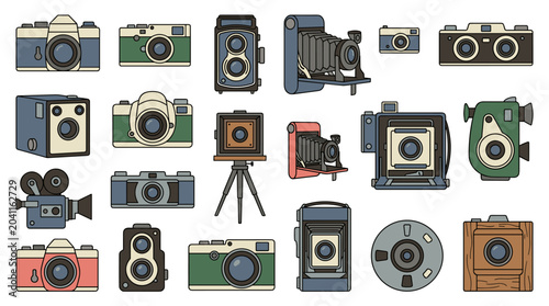 Illustration Set of Various Vintage Film Cameras in Different Shapes and Styles