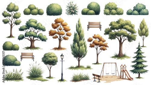 Watercolor Park Landscape Vector Collection with Trees Shrubs Street Furniture and Playground Elements