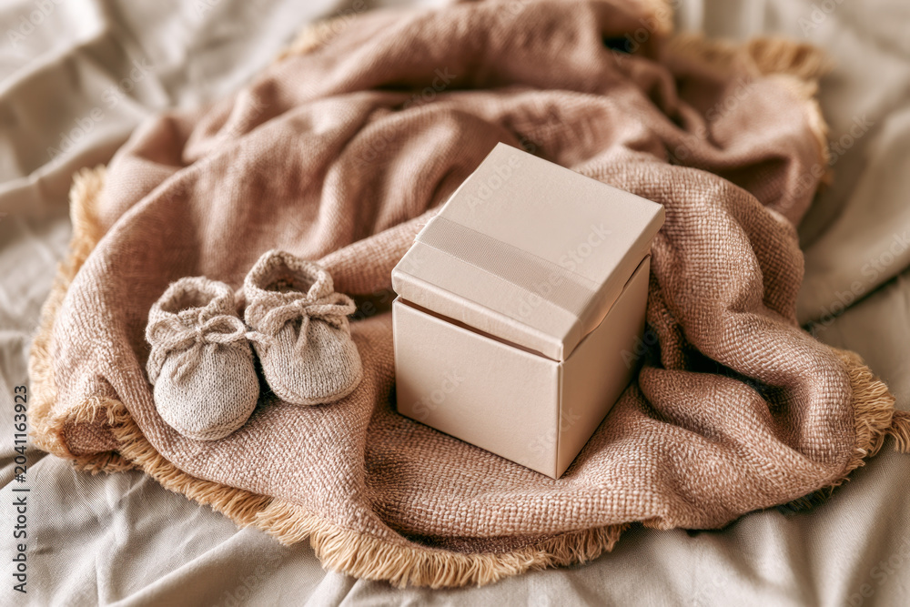 Fototapeta premium Baby Booties and Gift Box on Soft Pink Blanket