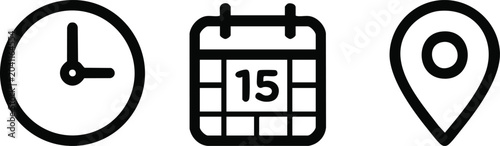 Event icons, set featuring minimalist black and white representations of a clock, calendar, and location pin. 