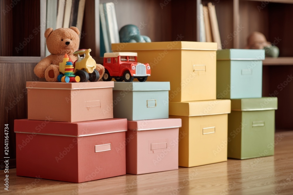 Fototapeta premium Colorful storage boxes with toys on top in a playroom during daytime