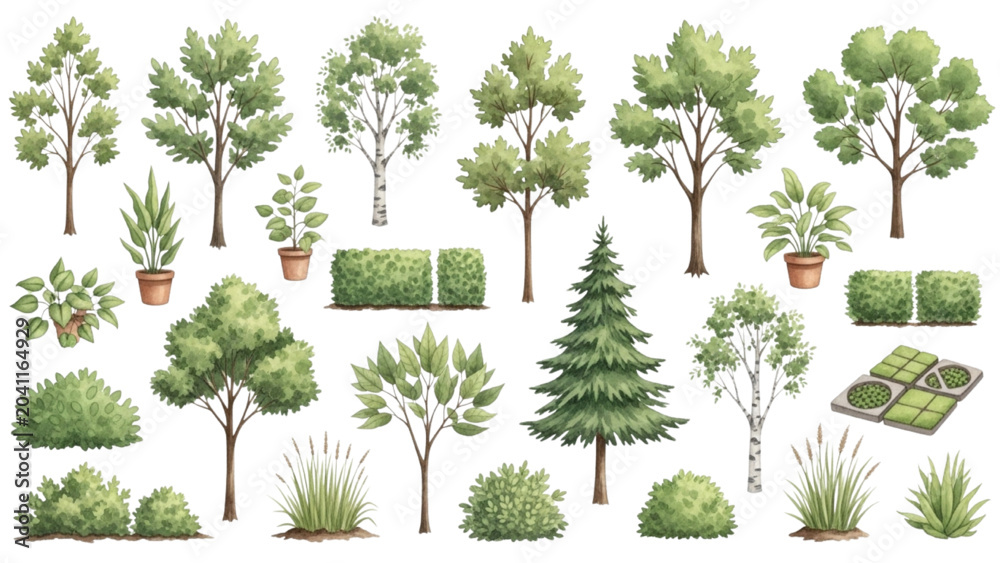 Fototapeta premium Urban Streetscape Tree and Landscape Vector Asset Pack for Architectural Site Planning