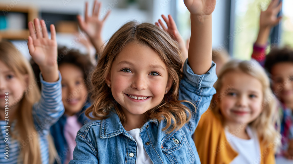Fototapeta premium Close-up of diverse smiling elementary school children raising hands in a bright modern classroom, engaged classroom concept, diverse children photography, active participation