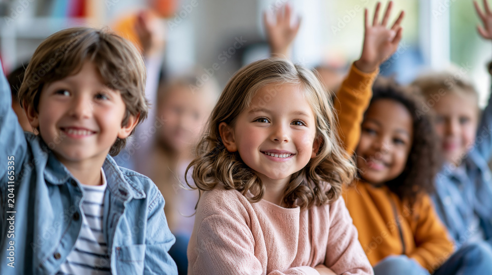 Obraz premium Close-up of diverse elementary school students sitting on floor and raising hands, inclusive floor learning concept, floor student photography, classroom engagement visualization,