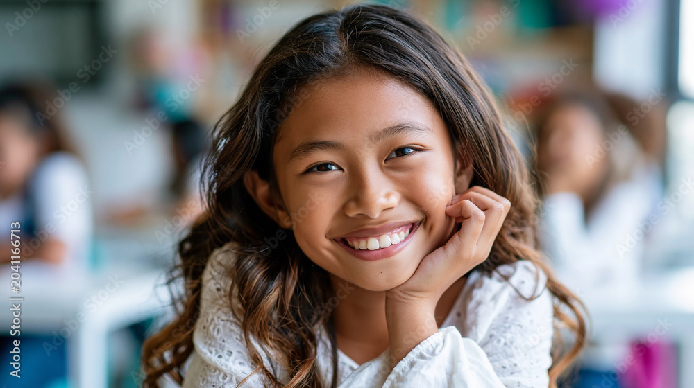 Fototapeta premium Close-up of a happy young girl student smiling in a modern classroom during a lesson, cheerful student concept, girl classroom photography, joyful education lifestyle, defocused