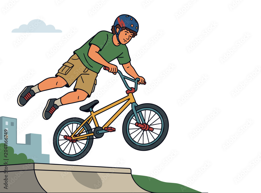 Fototapeta premium Brave young caucasian boy executing a high extreme jump on a bmx bicycle in mid air concept of active youth extreme sports hobby