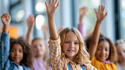 Close-up of a diverse group of elementary school girls with hands raised high in a modern sunlit classroom, girls in education concept, sunlit classroom photography, eagerness