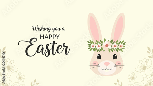 Cream-colored rabbit wearing a crown of pink flowers and green leaves wishes you a very happy Easter on a light beige background.