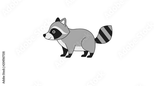 Gray raccoon is shown in a simple flat cartoon style, with its characteristic black mask and striped tail on a plain white background.