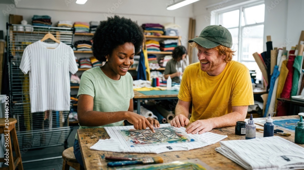Fototapeta premium Two diverse artists collaborating on a printmaking project in a bright studio.