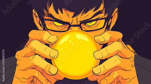 Character with glowing energy orb - anime style, yellow sphere, glasses, dramatic lighting