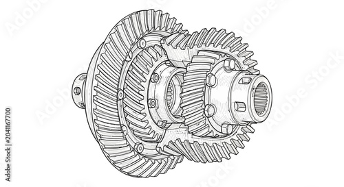 Foto A detailed line art sketch depicts a differential gear system on a white backgro
