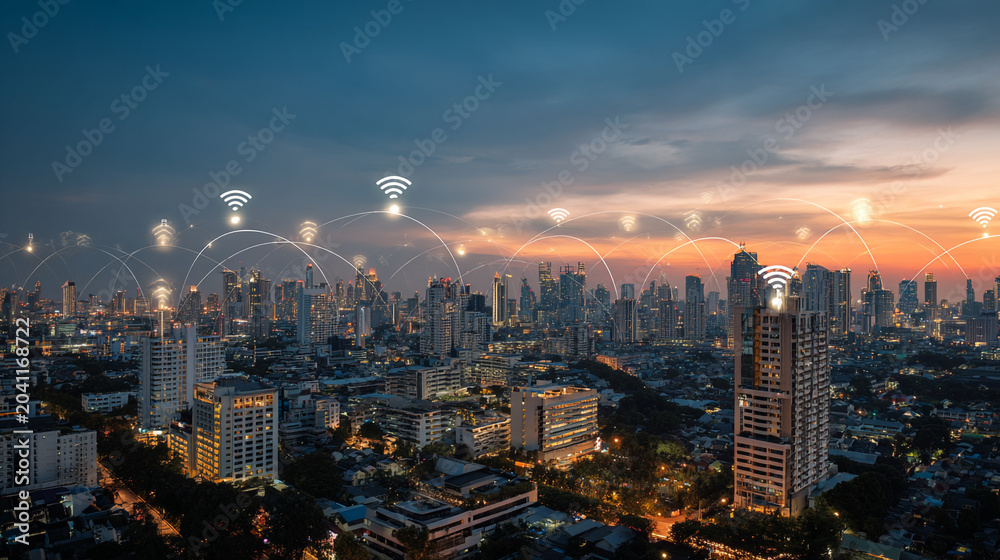 Fototapeta premium wifi Smart digital Innovation city with connection network reciprocity over the city of future smart wireless digital city and social media networking systems