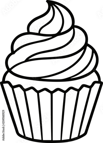 Fotografia Simple outline drawing of a frosted cupcake with swirled icing in a fluted liner