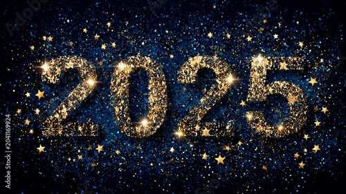 Bright and sparkling '2025' in gold glitter against a dark starry background, symbolizing celebration and new beginnings.