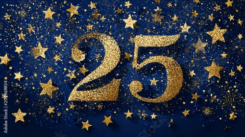 A glittering celebration of 25 with golden stars and sparkles against a deep blue background.