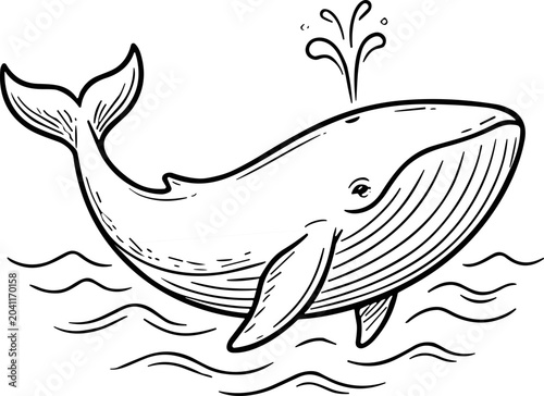 Foto Whale Spouting Water in Ocean Waves, Hand Drawn Sketch Style
