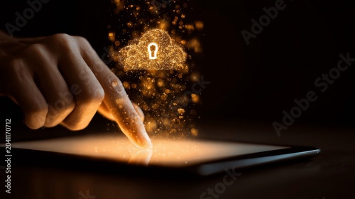 A hand interacts with a tablet, triggering a glowing cloud icon with a lock, symbolizing data security and cloud technology.