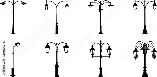 Photos Collection of Vintage Streetlight Silhouettes: A compilation of various classic street lamp designs presented as elegant black silhouettes against a clean backdrop