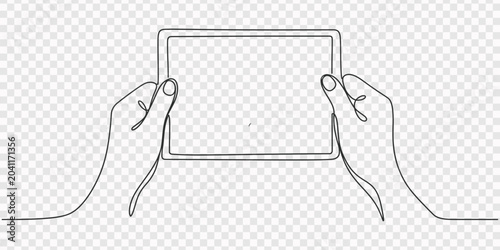 Foto Caucasian female adult smiling while holding a tablet in continuous line art
