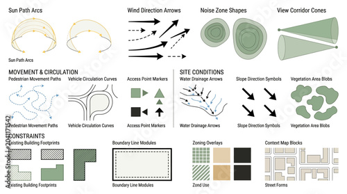 Architectural site analysis vector kit with sun path, wind arrows, noise zones, access points and urban planning diagram elements